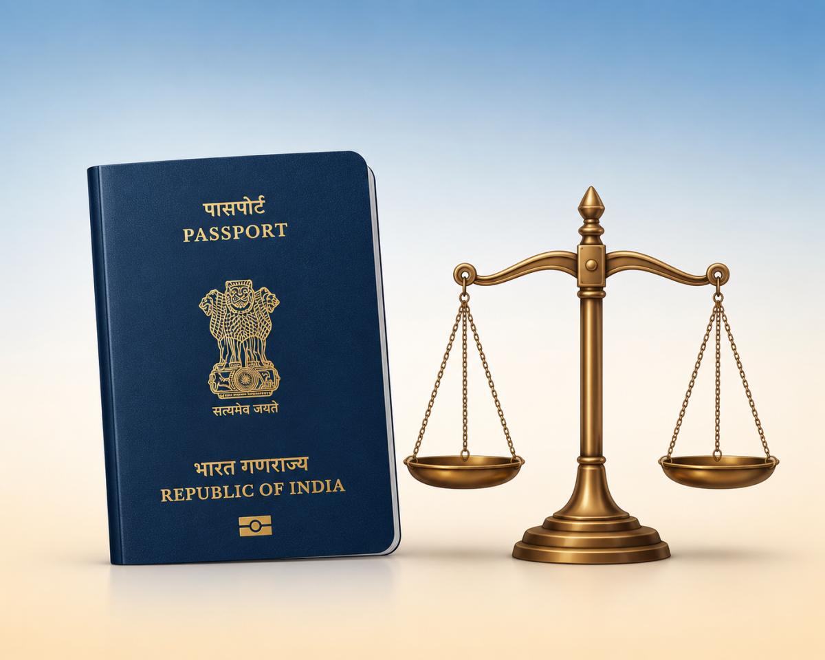 A person holding a blue Indian passport with the gold emblem of India facing out, framed against a bright airport terminal background.